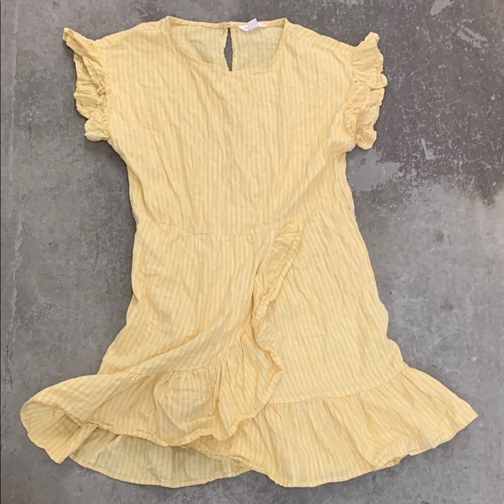 Jillian Harris butter yellow‎ striped ruffle midi linen blend dress